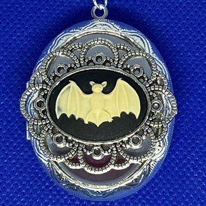 Gothic Bat Cameo Charm Slvr Large Locket Necklace